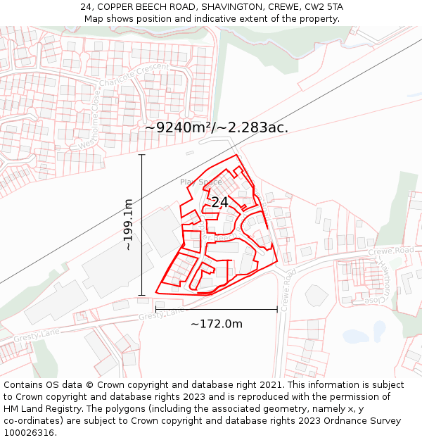 24, COPPER BEECH ROAD, SHAVINGTON, CREWE, CW2 5TA: Plot and title map