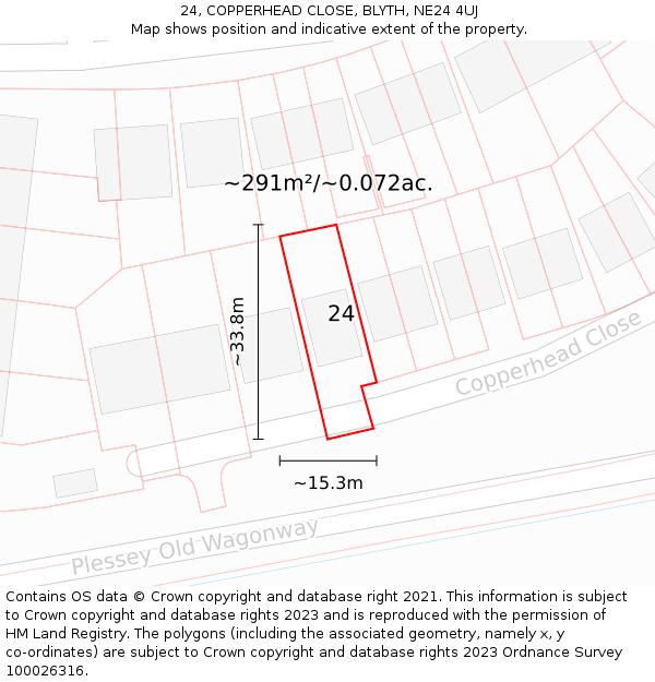 24, COPPERHEAD CLOSE, BLYTH, NE24 4UJ: Plot and title map