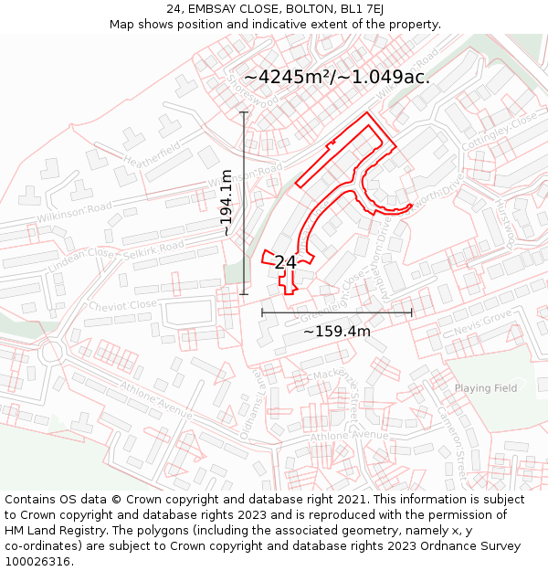 24, EMBSAY CLOSE, BOLTON, BL1 7EJ: Plot and title map