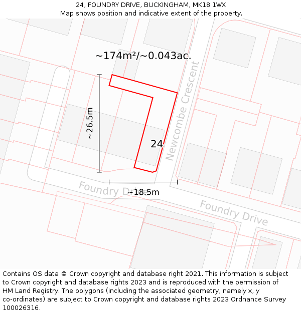 24, FOUNDRY DRIVE, BUCKINGHAM, MK18 1WX: Plot and title map