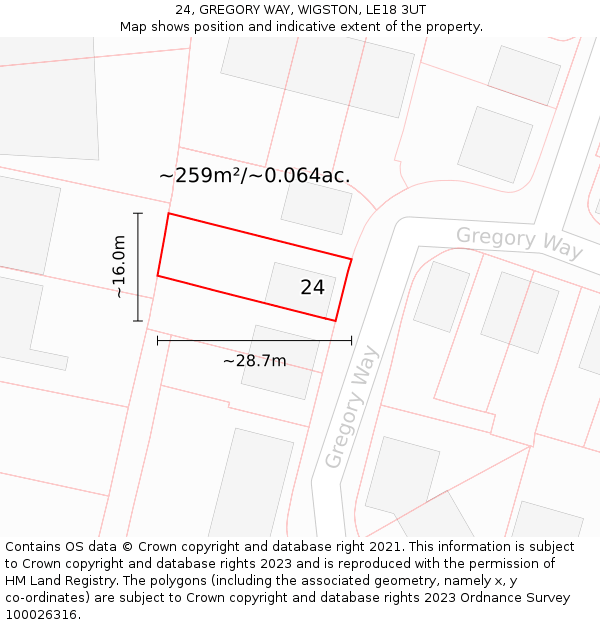 24, GREGORY WAY, WIGSTON, LE18 3UT: Plot and title map