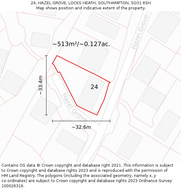 24, HAZEL GROVE, LOCKS HEATH, SOUTHAMPTON, SO31 6SH: Plot and title map