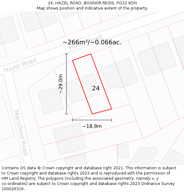 24, HAZEL ROAD, BOGNOR REGIS, PO22 9DN: Plot and title map