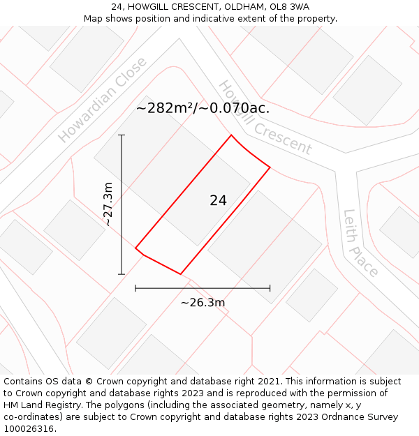 24, HOWGILL CRESCENT, OLDHAM, OL8 3WA: Plot and title map