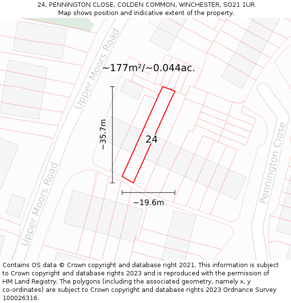 24, PENNINGTON CLOSE, COLDEN COMMON, WINCHESTER, SO21 1UR: Plot and title map
