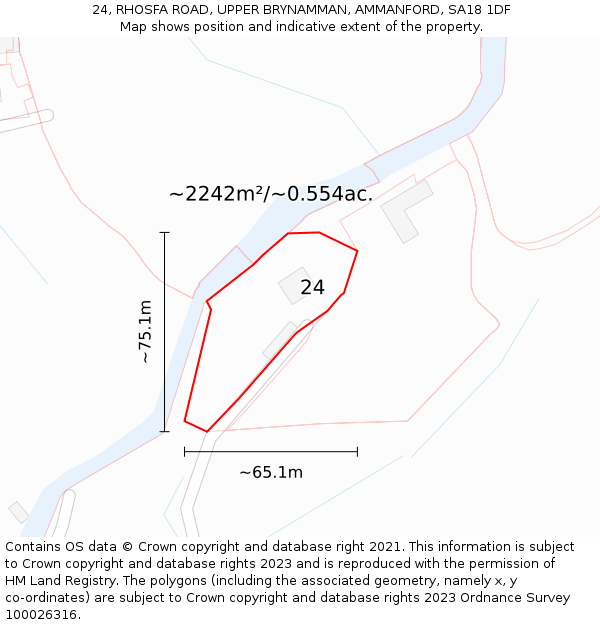 24, RHOSFA ROAD, UPPER BRYNAMMAN, AMMANFORD, SA18 1DF: Plot and title map