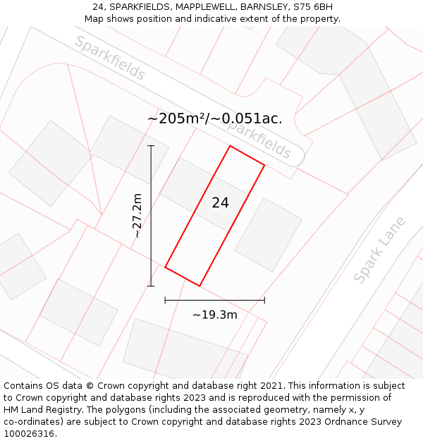 24, SPARKFIELDS, MAPPLEWELL, BARNSLEY, S75 6BH: Plot and title map