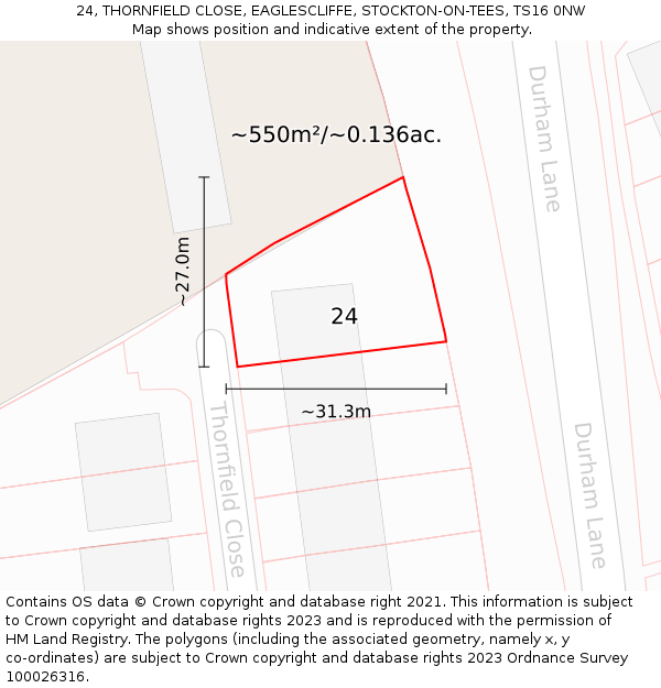 24, THORNFIELD CLOSE, EAGLESCLIFFE, STOCKTON-ON-TEES, TS16 0NW: Plot and title map