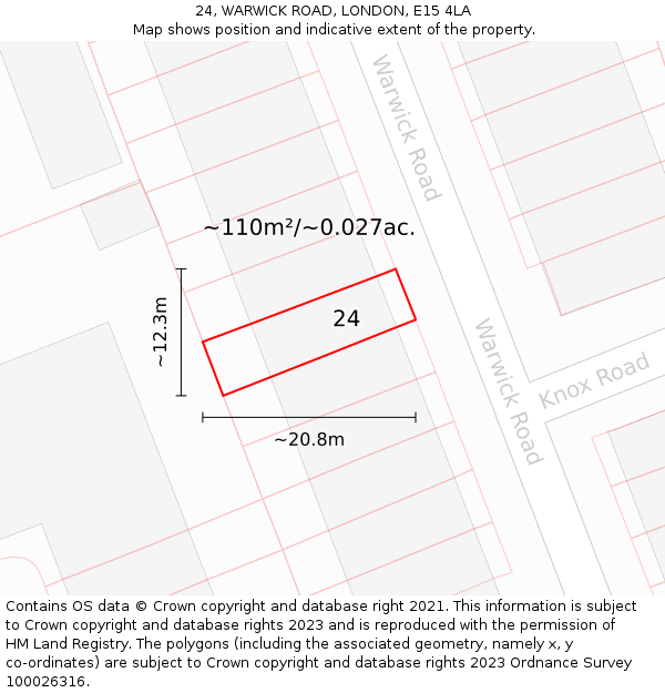 24, WARWICK ROAD, LONDON, E15 4LA: Plot and title map