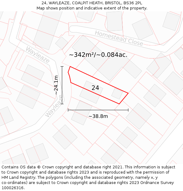 24, WAYLEAZE, COALPIT HEATH, BRISTOL, BS36 2PL: Plot and title map
