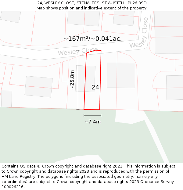 24, WESLEY CLOSE, STENALEES, ST AUSTELL, PL26 8SD: Plot and title map