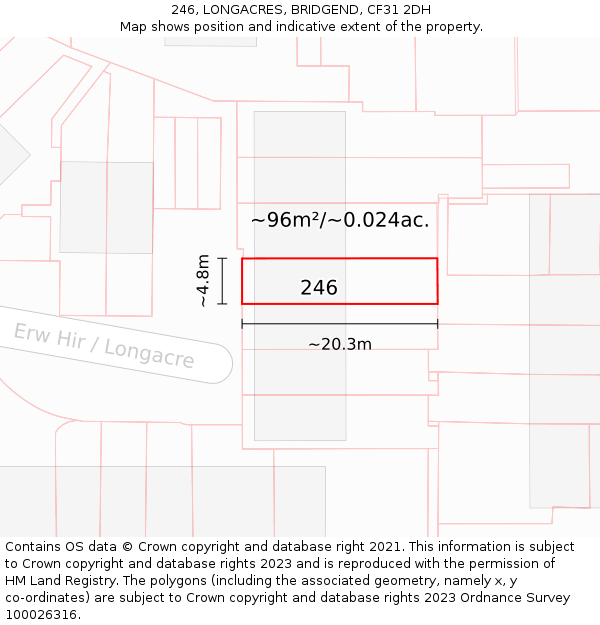 246, LONGACRES, BRIDGEND, CF31 2DH: Plot and title map