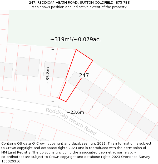 247, REDDICAP HEATH ROAD, SUTTON COLDFIELD, B75 7ES: Plot and title map