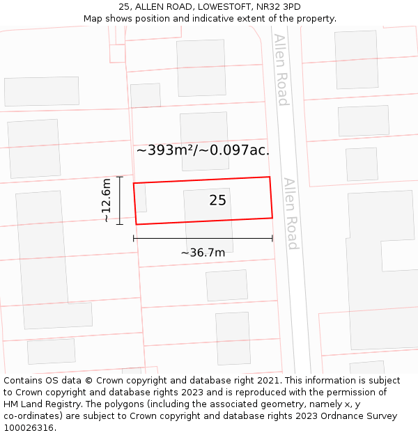 25, ALLEN ROAD, LOWESTOFT, NR32 3PD: Plot and title map