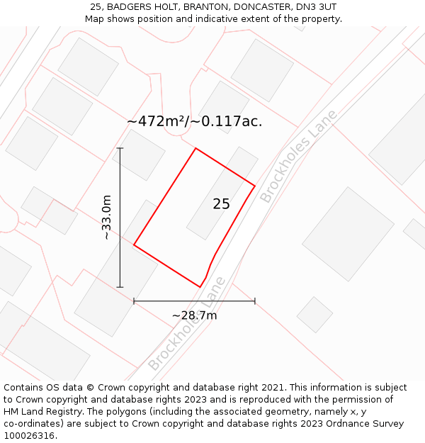 25, BADGERS HOLT, BRANTON, DONCASTER, DN3 3UT: Plot and title map