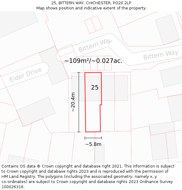 25, BITTERN WAY, CHICHESTER, PO20 2LP: Plot and title map