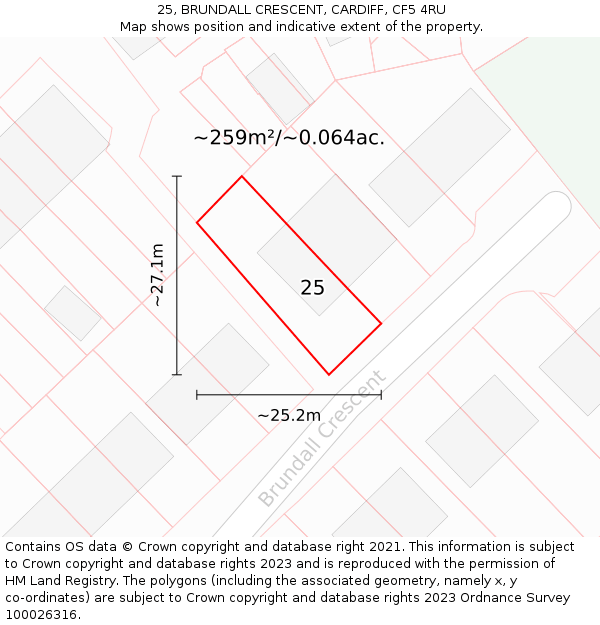 25, BRUNDALL CRESCENT, CARDIFF, CF5 4RU: Plot and title map