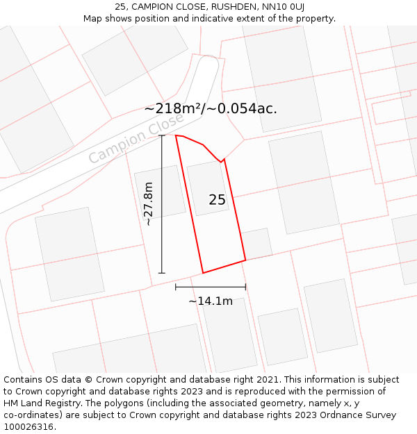25, CAMPION CLOSE, RUSHDEN, NN10 0UJ: Plot and title map