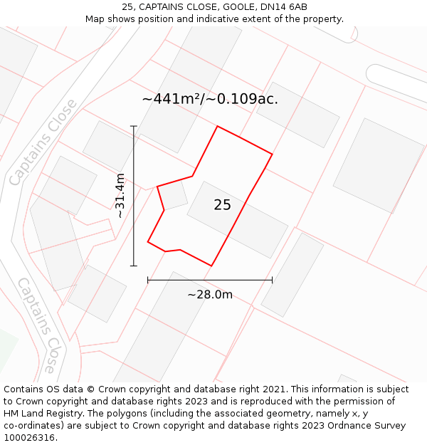 25, CAPTAINS CLOSE, GOOLE, DN14 6AB: Plot and title map