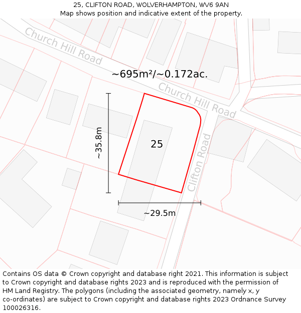 25, CLIFTON ROAD, WOLVERHAMPTON, WV6 9AN: Plot and title map