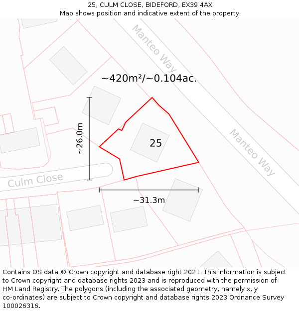 25, CULM CLOSE, BIDEFORD, EX39 4AX: Plot and title map