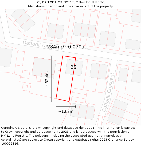 25, DAFFODIL CRESCENT, CRAWLEY, RH10 3GJ: Plot and title map