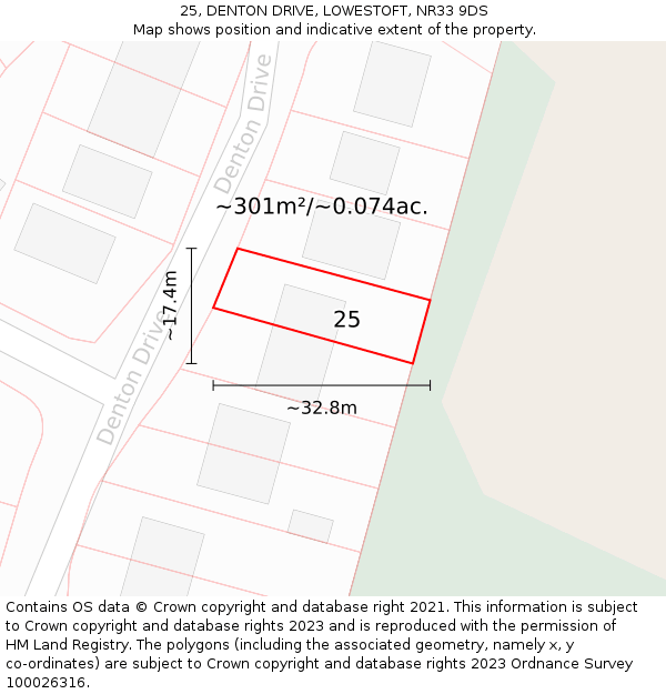 25, DENTON DRIVE, LOWESTOFT, NR33 9DS: Plot and title map