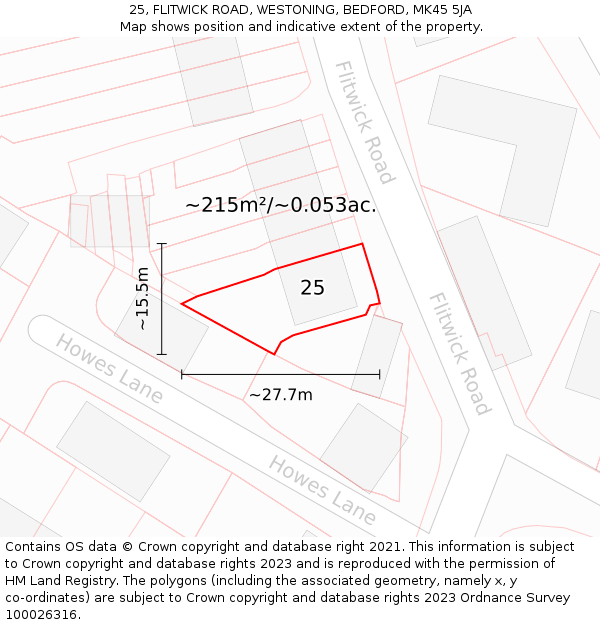 25, FLITWICK ROAD, WESTONING, BEDFORD, MK45 5JA: Plot and title map
