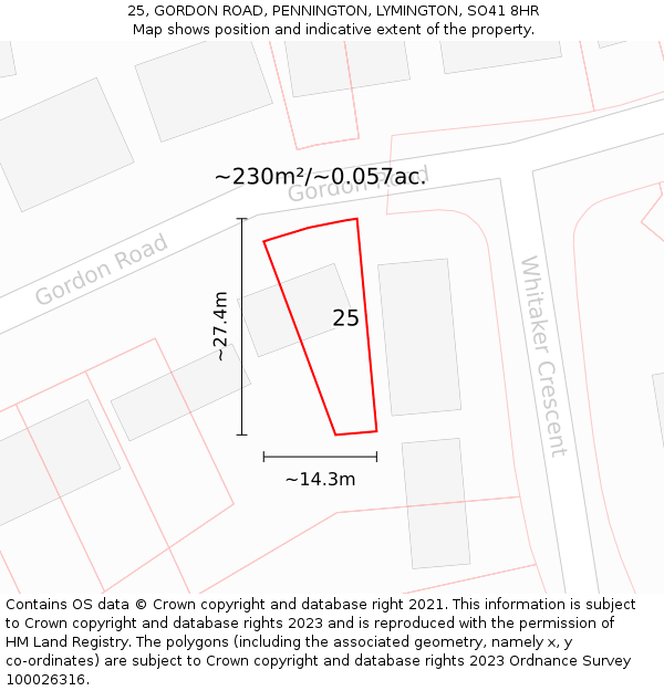 25, GORDON ROAD, PENNINGTON, LYMINGTON, SO41 8HR: Plot and title map