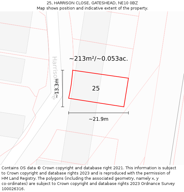 25, HARRISON CLOSE, GATESHEAD, NE10 0BZ: Plot and title map