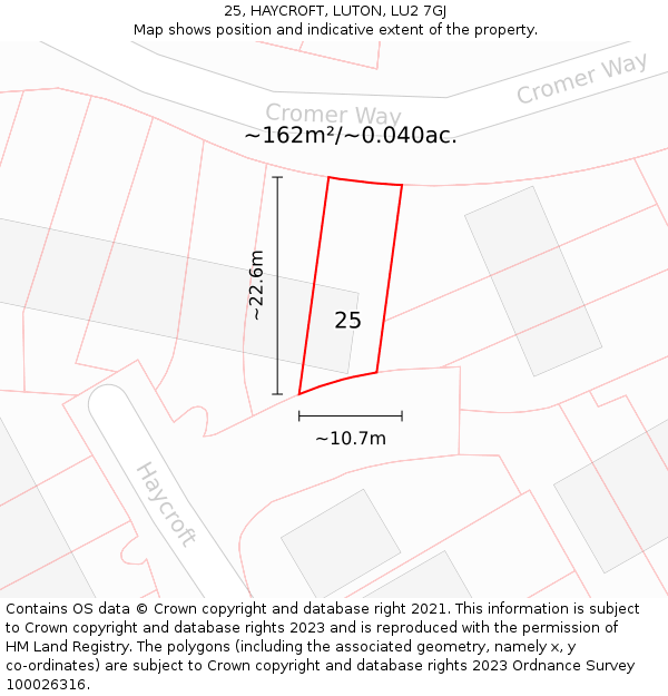 25, HAYCROFT, LUTON, LU2 7GJ: Plot and title map