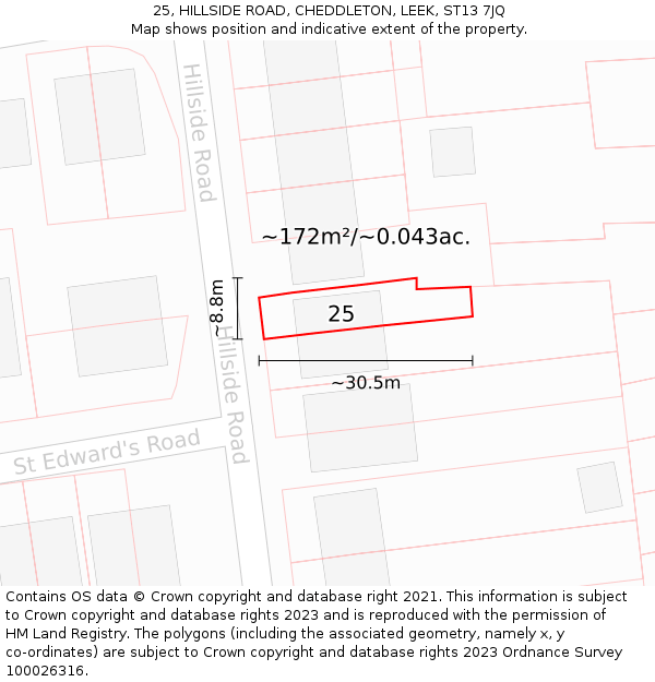 25, HILLSIDE ROAD, CHEDDLETON, LEEK, ST13 7JQ: Plot and title map