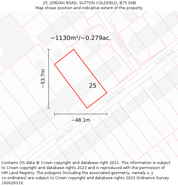 25, JORDAN ROAD, SUTTON COLDFIELD, B75 5AB: Plot and title map