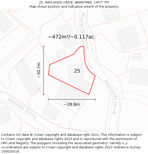 25, MAYLANDS DRIVE, BRAINTREE, CM77 7PY: Plot and title map