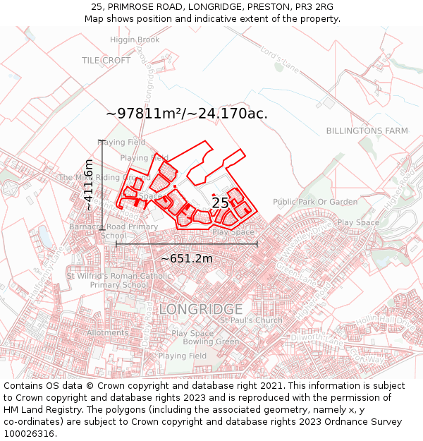 25, PRIMROSE ROAD, LONGRIDGE, PRESTON, PR3 2RG: Plot and title map