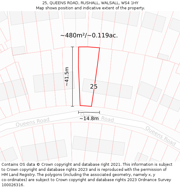 25, QUEENS ROAD, RUSHALL, WALSALL, WS4 1HY: Plot and title map