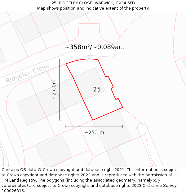 25, RIDGELEY CLOSE, WARWICK, CV34 5FD: Plot and title map