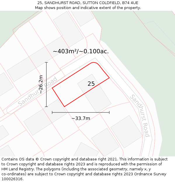 25, SANDHURST ROAD, SUTTON COLDFIELD, B74 4UE: Plot and title map