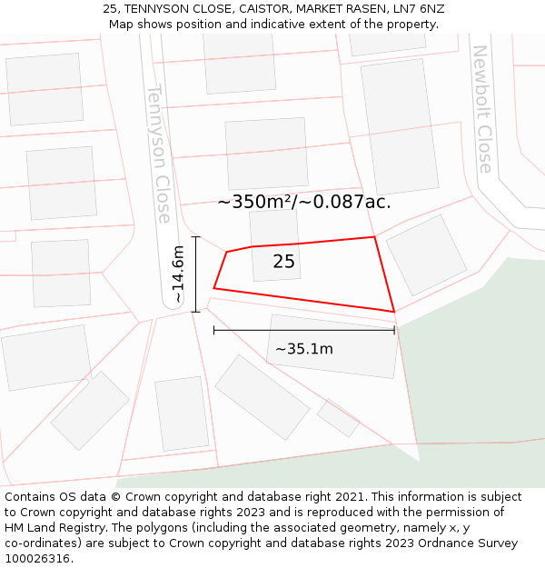 25, TENNYSON CLOSE, CAISTOR, MARKET RASEN, LN7 6NZ: Plot and title map