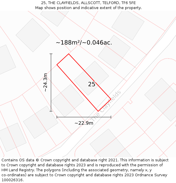 25, THE CLAYFIELDS, ALLSCOTT, TELFORD, TF6 5FE: Plot and title map