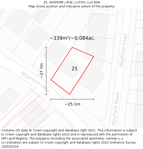 25, WIGMORE LANE, LUTON, LU2 8AA: Plot and title map
