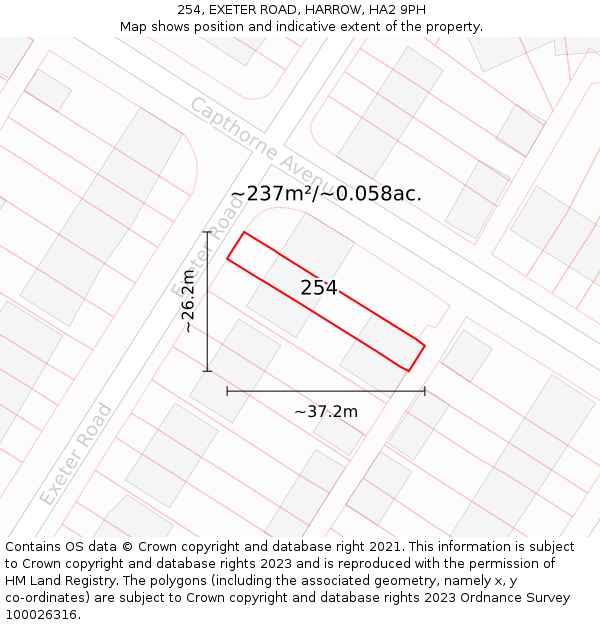 254, EXETER ROAD, HARROW, HA2 9PH: Plot and title map