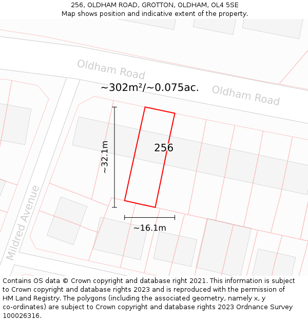 256, OLDHAM ROAD, GROTTON, OLDHAM, OL4 5SE: Plot and title map
