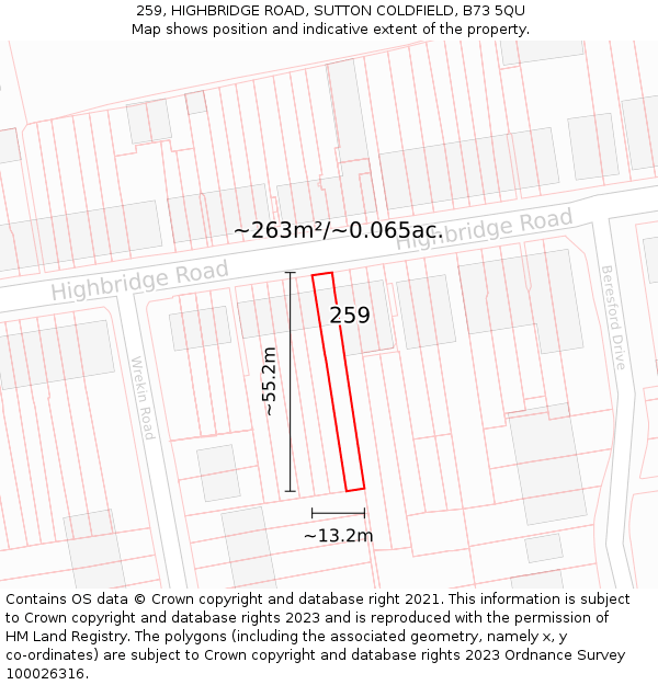 259, HIGHBRIDGE ROAD, SUTTON COLDFIELD, B73 5QU: Plot and title map