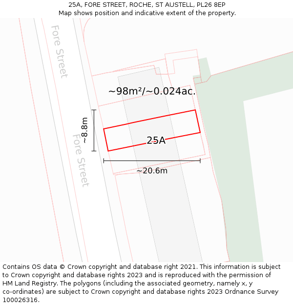25A, FORE STREET, ROCHE, ST AUSTELL, PL26 8EP: Plot and title map