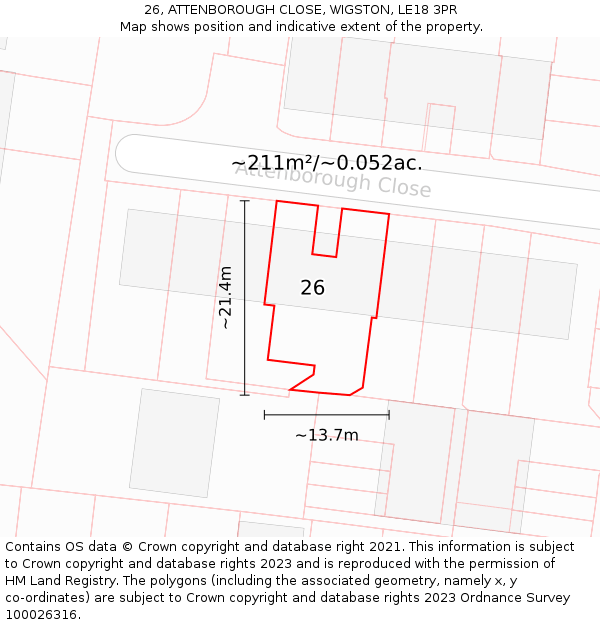 26, ATTENBOROUGH CLOSE, WIGSTON, LE18 3PR: Plot and title map