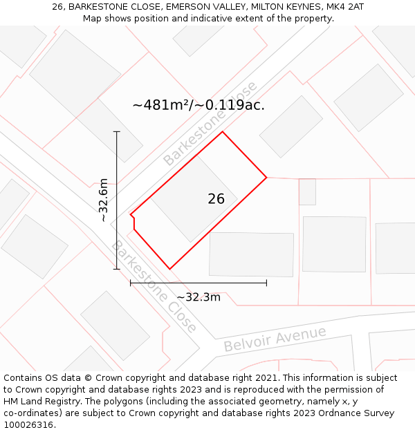 26, BARKESTONE CLOSE, EMERSON VALLEY, MILTON KEYNES, MK4 2AT: Plot and title map