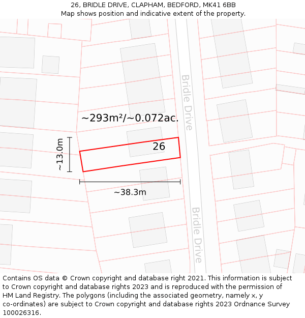 26, BRIDLE DRIVE, CLAPHAM, BEDFORD, MK41 6BB: Plot and title map