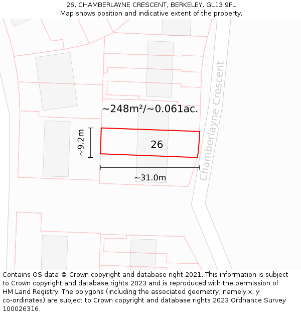 26, CHAMBERLAYNE CRESCENT, BERKELEY, GL13 9FL: Plot and title map