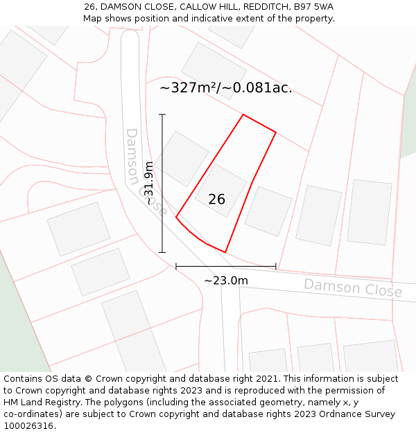 26, DAMSON CLOSE, CALLOW HILL, REDDITCH, B97 5WA: Plot and title map